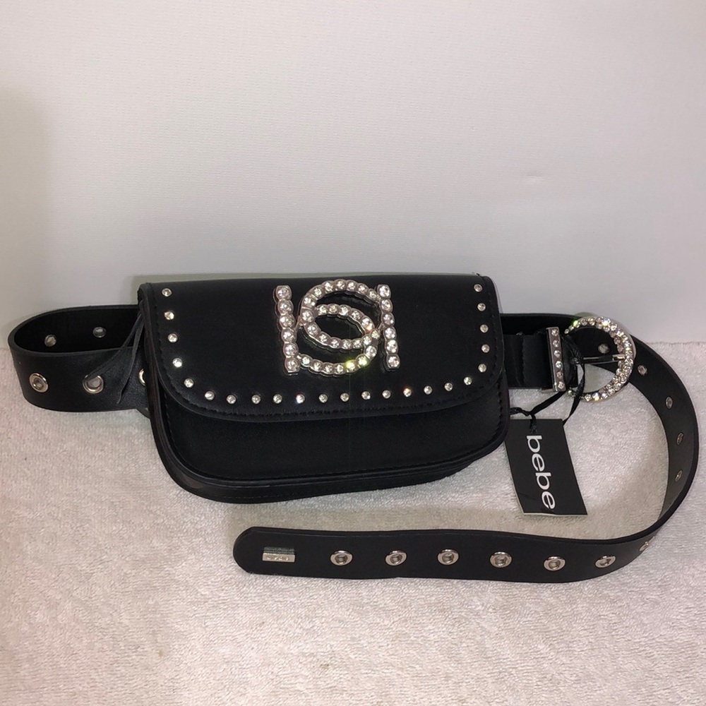 NWT BEBE AUTHENTIC WOMEN'S BLACK FAUX LEATHER BELT WITH RHINESTONES FANNY